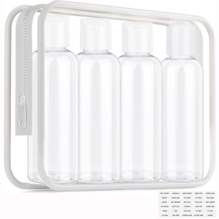 Clear Toiletry Travel Bottles, 3.4oz/100ml TSA Approved Empty Containers with Toiletry Bag - Cosmetic Kit with Labels for Shampoo, Conditioner, Lotion, and Airplane Accessories(4Pack, White)
