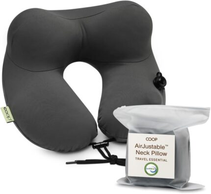 Coop Home Goods AirJustable Travel Neck Pillow, Inflatable, Adjustable Support for Neck & Chin, Compact Travel Pillow, Soft Memory Foam Comfort, Airplane Travel Essentials, Cooling & Washable Cover