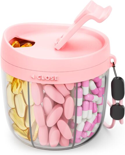 Cute Pill Dispenser with 7 Large Compartments, Portable Pill Bottle Organizer with Wide Opening for Easy Use, Anti-Mix Pill Organizer for Travel, BPA-Free Pill Container, Pink