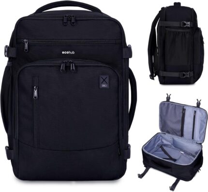 ECOHUB 17" Small Travel Backpack, United Airlines Personal Item Bag 17x10x9 with 16 Pockets, Water Resistant Rucksacks Fit 15.6" Laptop, AirTag Pocket, Lightweight Casual Daypack, 25L, Black