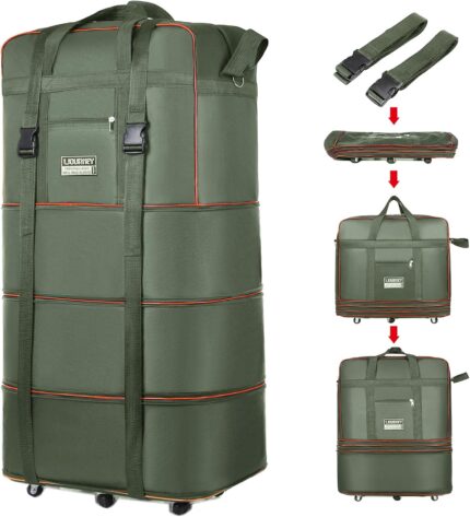 Expandable Large Capacity Travel Bag Oxford Cloth Duffel Bag with Wheels Lightweight Waterproof Travel Foldable Suitcase(ArmyGreen)