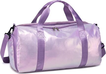 Gym Bag Sports Duffle Bag with Wet Pocket Weekender Overnight Bag with Waterproof Shoe Pouch and Air Hole for Women Girls Travel Foldable Bag (Metallic Purple)