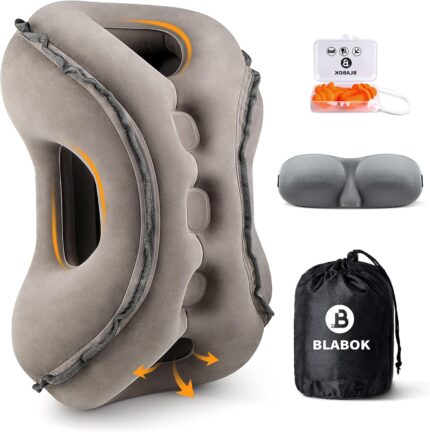 Inflatable Travel Pillow,Multifunction Travel Neck Pillow for Airplane to Avoid Neck and Shoulder Pain,Support Head,Neck,Used for Sleeping Rest, Airplane and Home Use,with Eye Mask, Earplugs,Gray