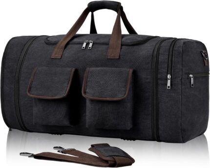 Large Duffle Bag for Travel, 60L Canvas Travel Duffel Bags Travel Bags Overnight Weekend Gym Bag Carry On Duffel Bag with Wet Dry Separation Pocket & Shoe Compartment(Black)