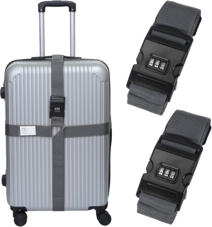 MECCANIXITY Cross Luggage Straps with Combination Lock Name ID Card Adjustable Suitcase Belt Strap for Suitcase Briefcase Backpack Travel, Gray, Pack of 2