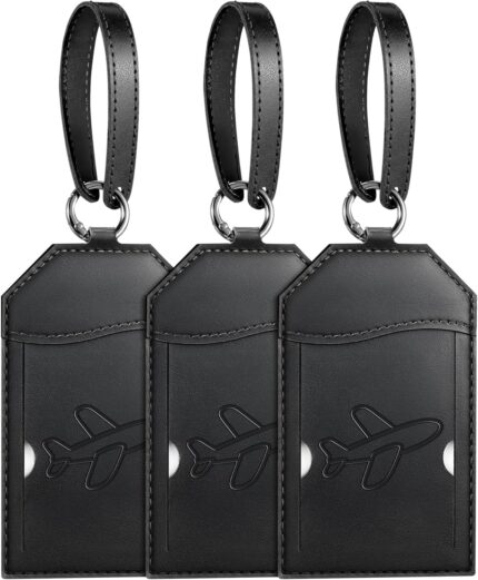 Mayski Luggage Tags for Suitcases 3 Pack Suitcase Bag Tags, TSA Approved, Metal Buckle, Bag Tags with Name ID Card Travel Essentials, Black Airplane