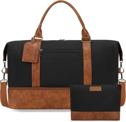Oeihuivt Weekender Bags for Women – 21 Inch Large Travel Duffel Bag 2-Piece Set with Shoe Compartment, Heavy-Duty Canvas Leather Carry On Overnight Tote