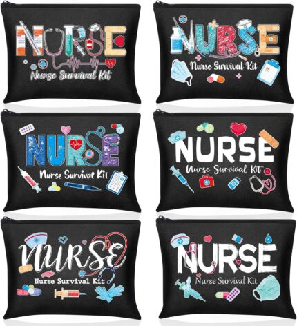 Photect 6 Pieces Nurse Makeup Bags Nurse Canvas Cosmetic Bag Survival Kit Travel Pouch Bag Gift for Women Girls Nurses School Practitioner Supplies(Black)