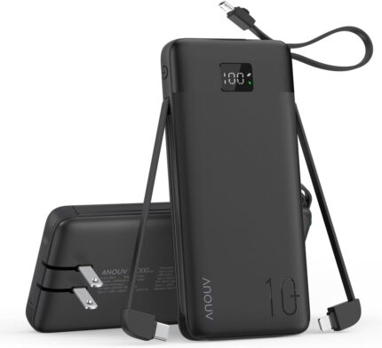 Portable Charger 10000mAh 22.5W PD 3.0+QC 4.0 Super Fast Charging Power Bank with Built-in Cables & AC Wall Plug, Slim External USB C Battery Pack for iPhone 17/16/15/14/13, Android, Samsung, iPad,etc