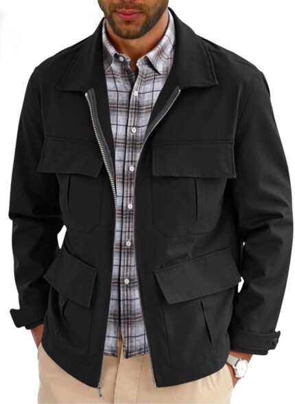 Runcati Mens Safari Jacket Military Full Zip Cargo Jacket Windproof Multi Pocket Outdoor Field Coat