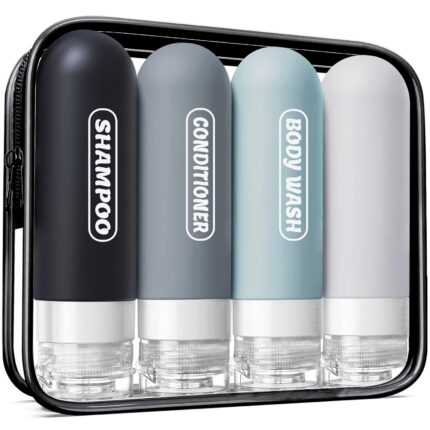 Silicone Travel Bottles for Toiletries with Labels, 3oz TSA Approved Squeezable Travel Size Containers, Leak Proof Travel Shampoo and Conditioner Bottles with Toiletry Bag (4 Pack, Dark Color)