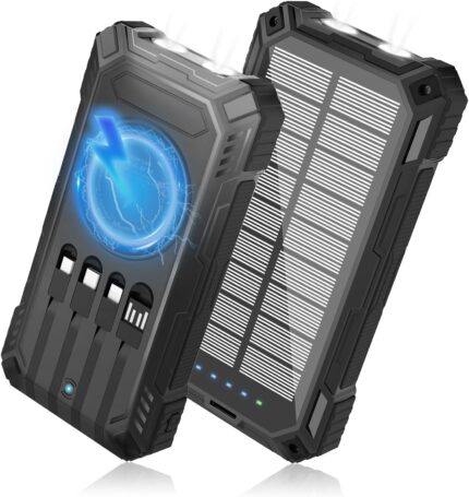 Solar Power Bank 49800mAh - Wireless Portable Charger 15W Fast Charging with 4 Built-in Cables. Equipped with a Powerful Flashlight, IP65 Outdoor Waterproof Power Bank Perfect for Camping, Hiking