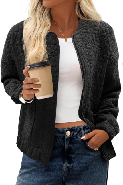 Tankaneo Womens Bomber Jackets Lightweight Zip Up Fashion Cute Jacquard Coats Fall Varsity jacket