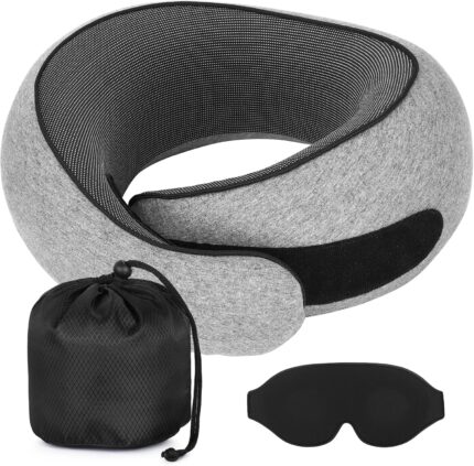 Travel Pillows for Airplanes, Memory Foam Travel Neck Pillow Airplane with Eye Mask, Compact and Ergonomic Design Neck Pillow for Travel, Car Rides, Offices, and Home Use
