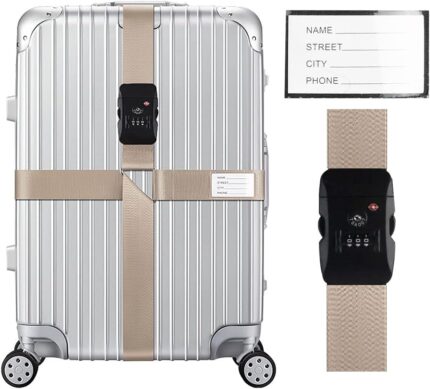 Veki Cross Luggage Straps Set TSA Approved with Lock Adjustable Travel Suitcase Belts Suitcase Tags with Name ID Card Packing Straps for Suitcases Strap Travel Accessories (Khaki 1pcs)
