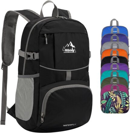 WATERFLY Hiking Packable Daypack Backpack: 25L Ultra Lightweight Day Pack for Woman Man - Small Compact Folding Back Pack for Outdoor Sport Cycling Camping Travel Trip - Black
