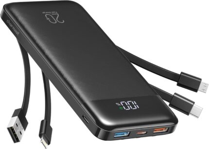 charmast 20000mAh Portable Charger with Built in Cables, 22.5W Travel Power Bank Fast Charging, USB C Cell Phone Battery Pack for iPhone 16/15/14/13/12/11 Series, iPad, Samsung, Android, Tablet