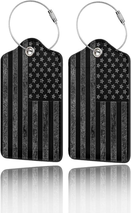 2 Pack Luggage Tags for Suitcase, Privacy Cover ID Label with Stainless Steel and Address Card for Travel Bag Backpack Cruise Ship Essentials Tag Men Boys - Black Grey American Flag