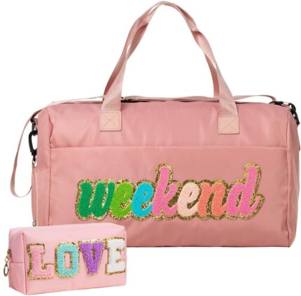 2 Pcs Love Chenille Letter Preppy Travel Bags - Weekender, Overnight, Duffel, Weekend, Gym, Personal Item With Shoe Compartment & Toiletry Bag