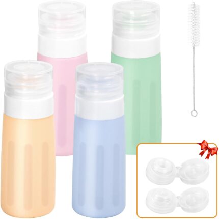 4 Pack Travel Bottles for Toiletries, 3 Oz Travel Size Containers for Liquids, Silicone Squeeze Bottles Set with Extra 2 Lids+Brush, Condiment Squeeze Bottles for Sauces Ketchup Salad Dressing Picnic