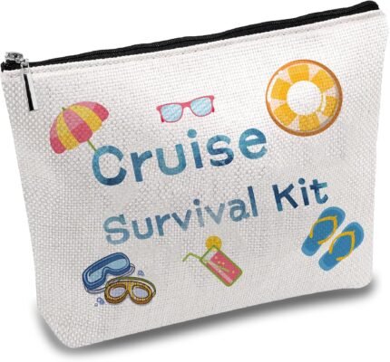 CREATCABIN Cruise Survival Kit Canvas Makeup Bags Travel Cosmetic Bag Multipurpose Case Iron on Transfe Metal Zipper Bag Purse Pouches Toiletry Bag Portable for Trip DIY Gifts 10x7Inch
