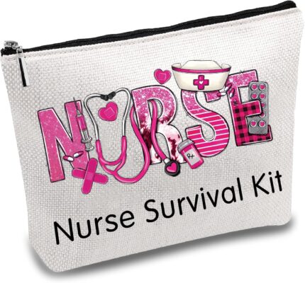 CREATCABIN Pink Nurse Survival Kit Canvas Makeup Bags Cosmetic Bag with Metal Zipper Pouches Polycotton Toiletry Travel Bag Purse Gifts for Nurse Practitioner Women Nursing Student 10x7Inch