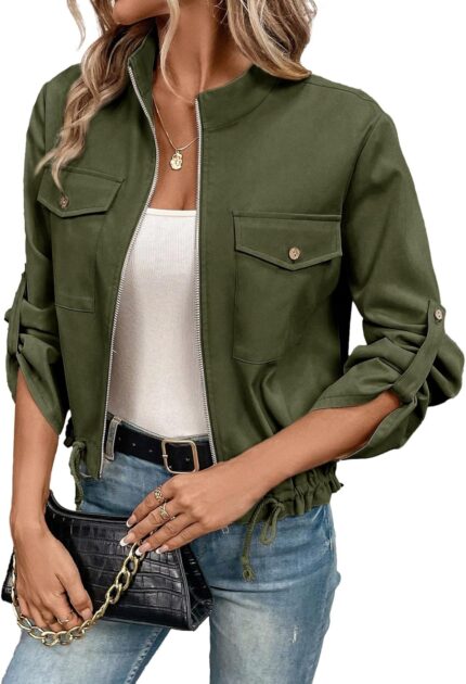 EVALESS Womens Zip Up Jacket Roll Tab Sleeve Flap Pocket Drawstring Hem Utility Lightweight Cropped Jackets