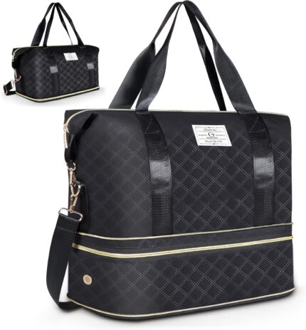 Geestock Travel Duffle Bag for Women with Shoe Compartment Expandable 23L to 32L, Weekender Overnight Bag Carry On Personal Item Gym Duffel Bags for Travel, Business, Sports, Hospital Bags (Black)