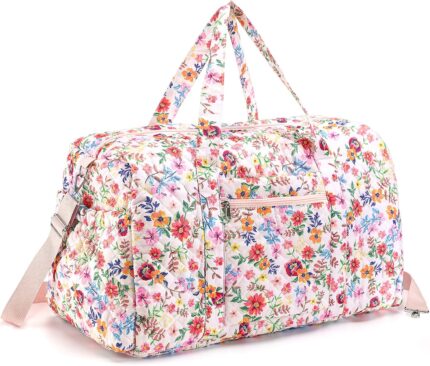 Large Quilted Travel Duffle Bag for Women Floral Portable Gym Weekender Bag with Zipper Pockets Workout Grocery Pouch Duffle Gift Pouch for Christmas Work(Pink Floral)