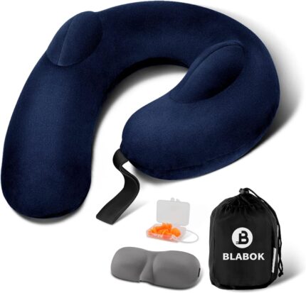 Patented Design Inflatable Travel Neck Pillow – Airplane Neck Pillow with 360° Head & Neck Support, Soft Washable Velvet Cover, Compact Neck Support Pillow for Airplane,Train,Car,Office & Home (Blue)