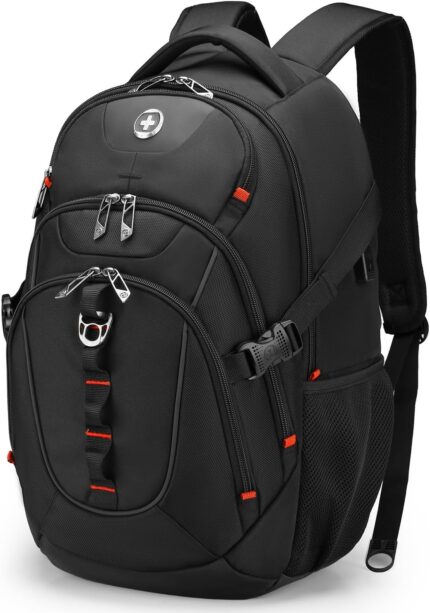 Swissdigital Design Laptop Backpack with USB Charging Port, Travel Backpack Fits 15.6 inches Computer, 31L College School Backpack for Men, Black | SD803-01