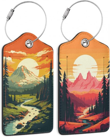 Vintage Mountain 2 Pack Luggage Tag for Suitcase, Cute Unique Leather Bag Tags Identifiers Privacy Cover ID Label with Durable Steel Loop for Women Men Kids Girls Travel