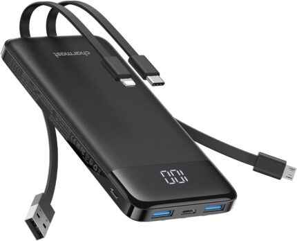charmast Portable Charger with Built in Cables, 10000mAh Slim Power Bank, 15W USB C in&Out Port High Speed Charging External Charger, Battery Pack Compatible with iPhone 16 15 13 Samsung Google iPad